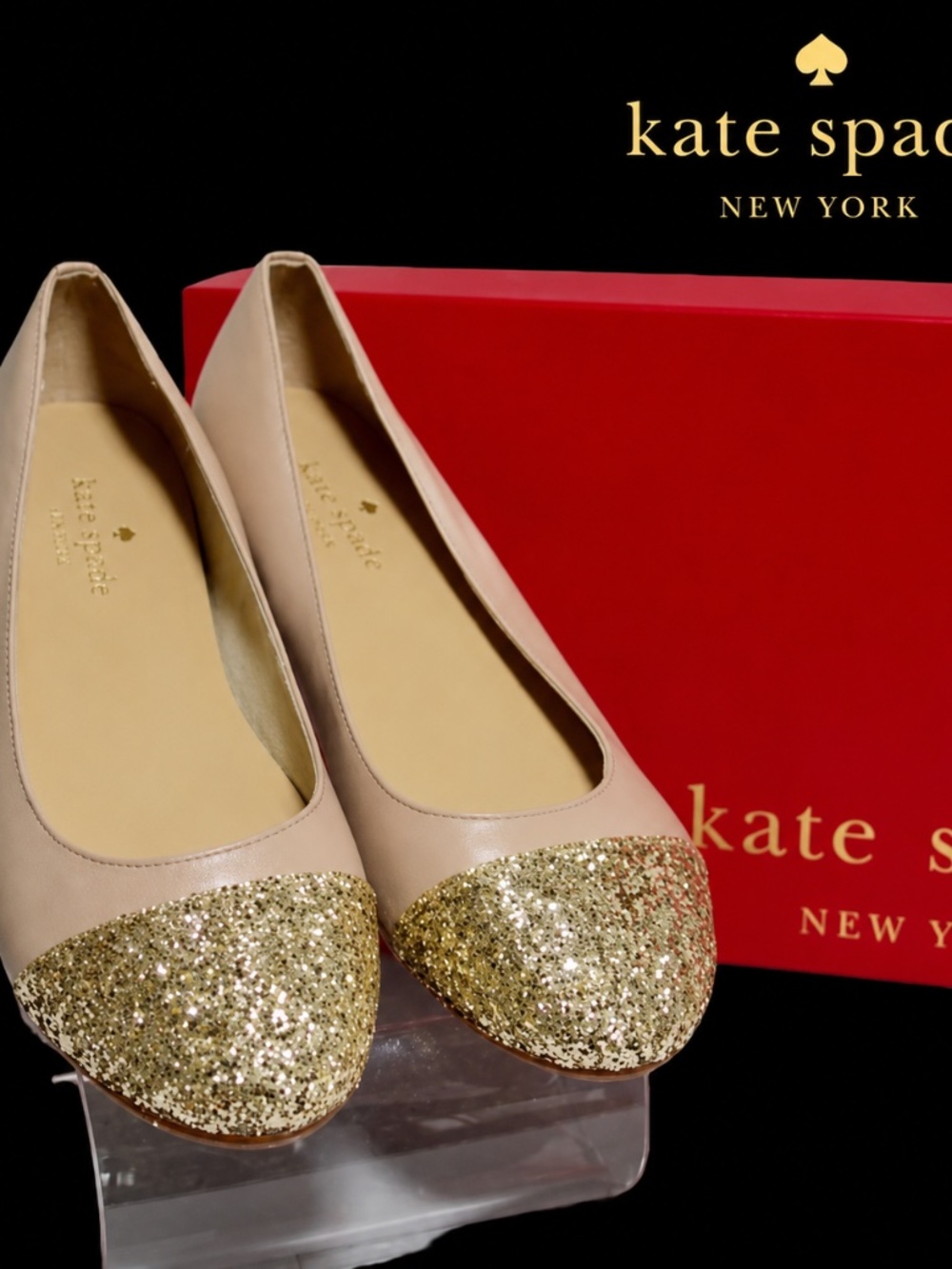 Kate Spade Nude New Gold Glitter Cap Toe Ballet Flats 🏷️ NWT